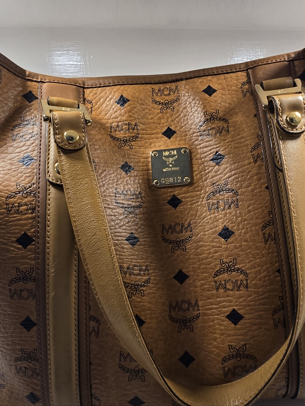 MCM Cognac Visetos Logo Tote with Gold Plaque